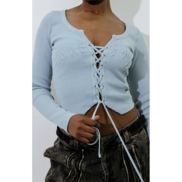 Trapstar‎ Light Blue lace-up front  long sleeves Y2K cropped Top Small - Picture 1 of 12